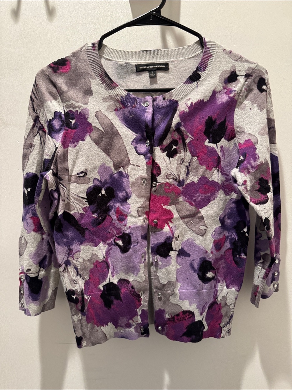 Vintage Express Purple Floral Cardigan Sweater with rhinestone buttons